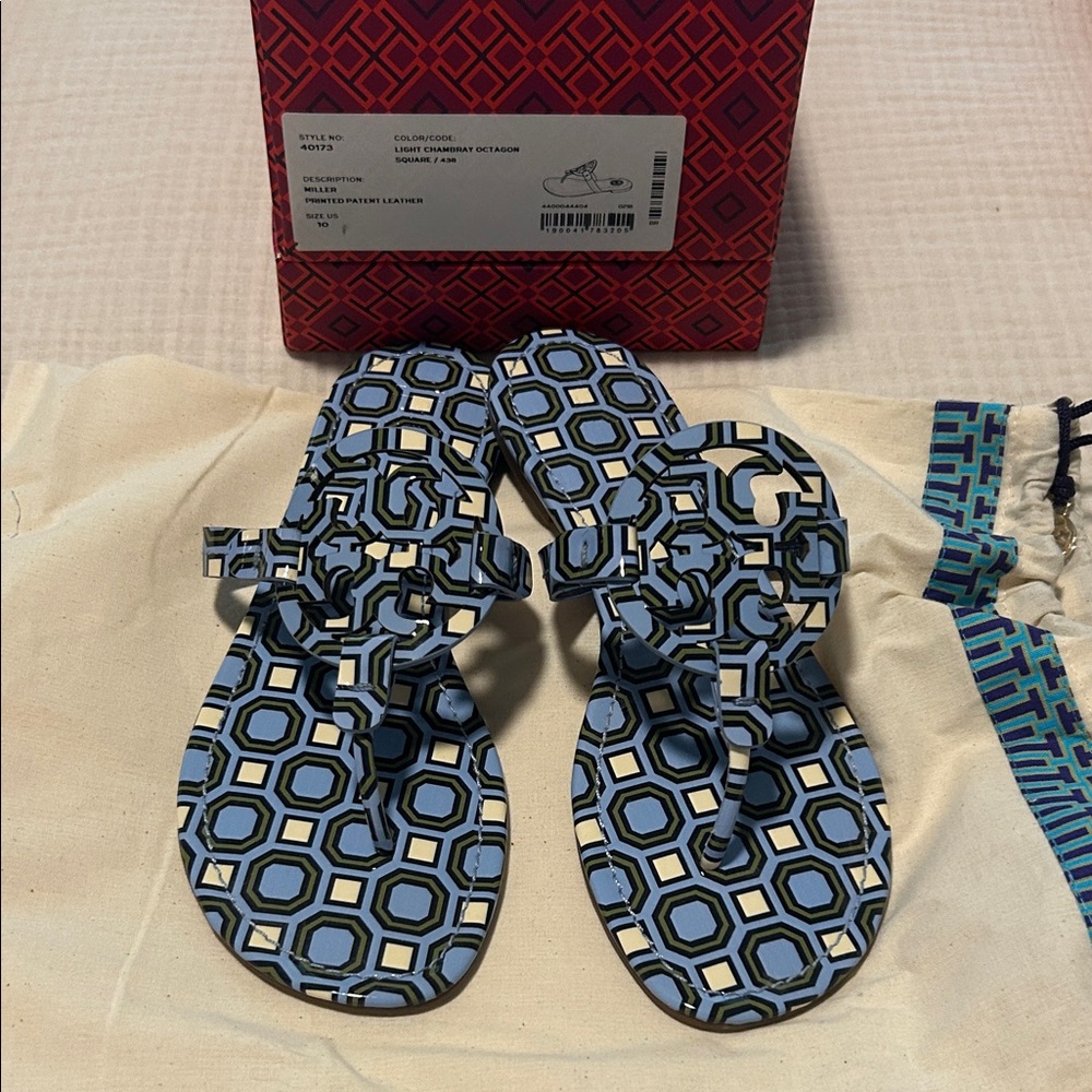 Tory Burch Blue and Black Patterned Sandals